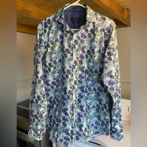 Bugatchi Men's Casual Button Down Shirt - Blue and Green Leaf Print